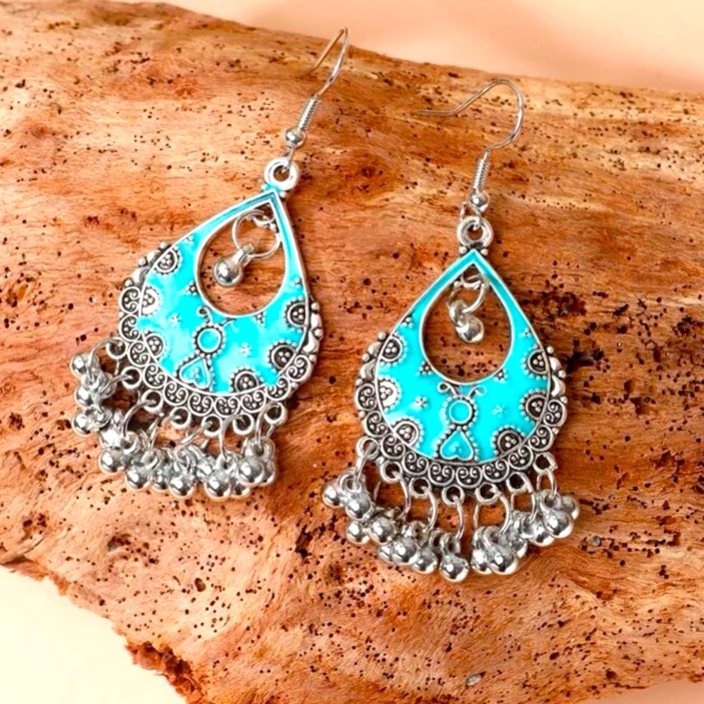 Bohemian Chic Southwest Elegance Turquoise Enamel & Silver Jhumka Ball E… - Picture 3 of 4